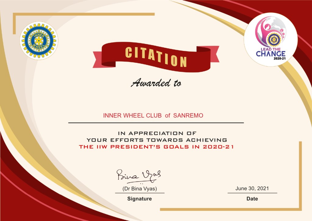Riconoscimento internazionale a Gabriella Poli per gli obbiettivi raggiunti alla presidenza del club Inner Wheel di Sanremo nell’anno sociale&nbsp;2020/2021
