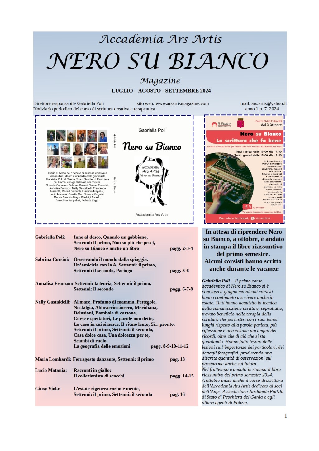 Pronto il notiziario n. 7 dell’Accademia Ars Artis che raccoglie gli elaborati di Nero su Bianco di luglio, agosto e&nbsp;settembre
