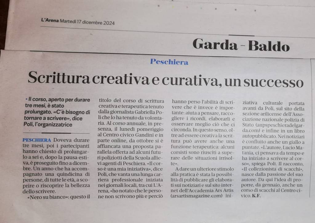 Quotidiano L’Arena: “Scrittura creativa e curativa, un&nbsp;successo”