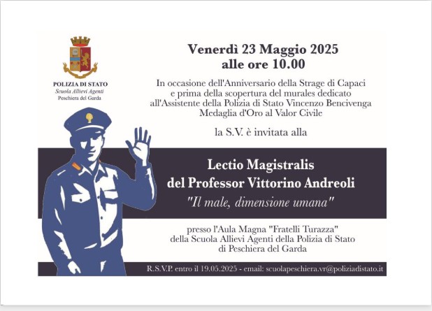 Anniversario della strage di Capaci: 23 maggio, conferenza del professor Vittorino Andreoli, alla scuola agenti di Polizia di Peschiera e scopertura del murales dedicato a Vincenzo Bencivenga, medaglia d’oro al valor&nbsp;civile