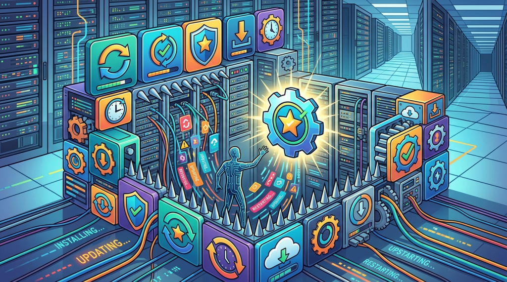 Illustration of a digital system with software update, security, and maintenance icons in a server room